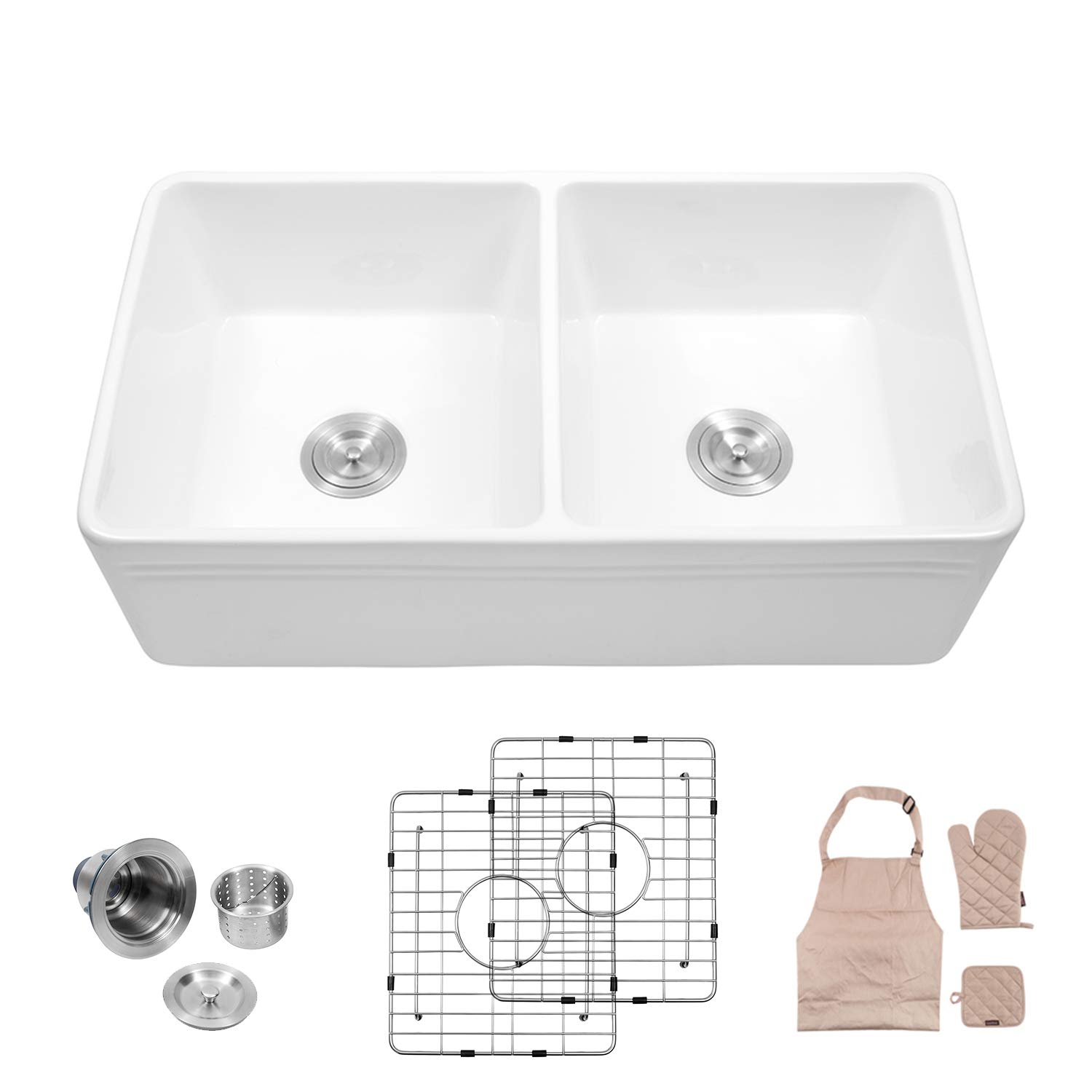 White Porcelain Ceramic Farmhouse Fireclay Apron-Front Kitchen Sink Sink