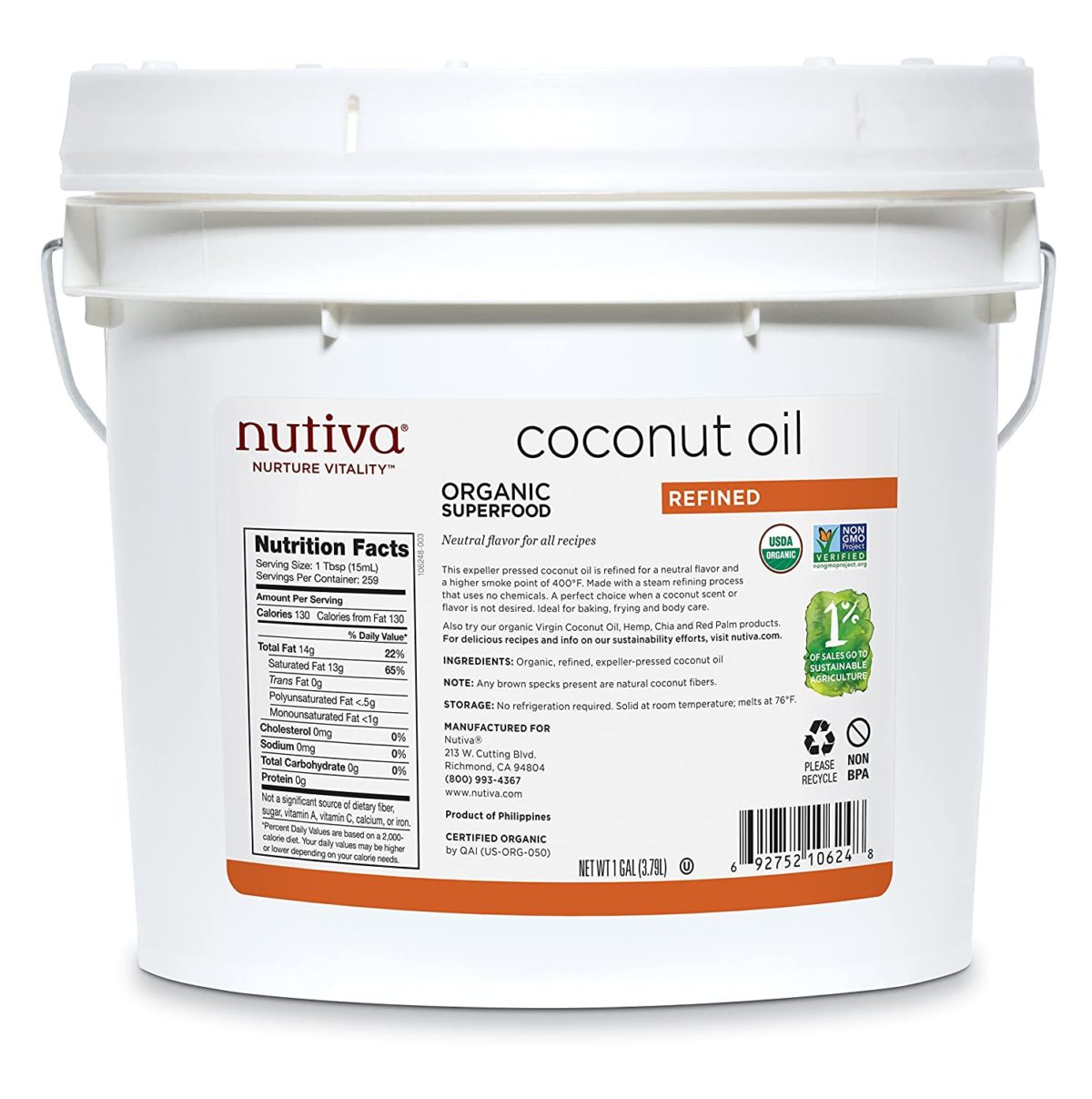 Nutiva organic, steam refined coconut oil from non-GMO, sustainably farmed coconuts