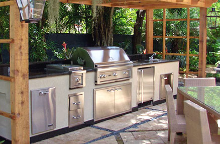 Stainless steel outdoor kitchen cabinets with black granite countertops