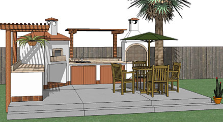 Outdoor kitchen design - L shaped kitchen consisting of a wood fired oven, a churrasco bbq, a sink, and two pergolas over the counter areas. The whole design sits on a concrete slab