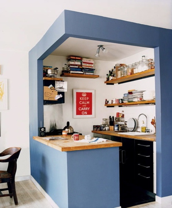 Open shelving at the end of kitchen countertops