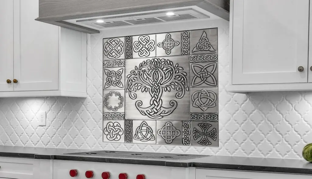 Beautiful unique celtic backsplash of stainless steel