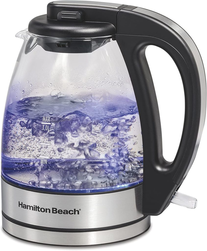 Hamilton Beach glass electric tea kettle, water boiler & heater, 1 L, cordless, LED indicator, auto-shutoff & boil-dry protection.