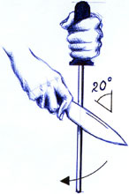 Sharpening a knife using a honing steel.